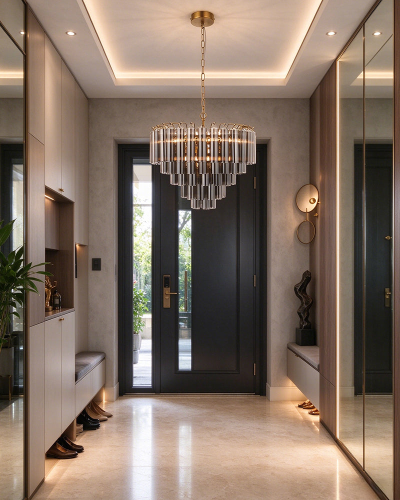 Smoked Fluted Glass Multi Tiered Prism Chandelier - Concentric Glass Tiers, Lux Brass Trim - Living Rooms, Bedrooms, Dining Rooms