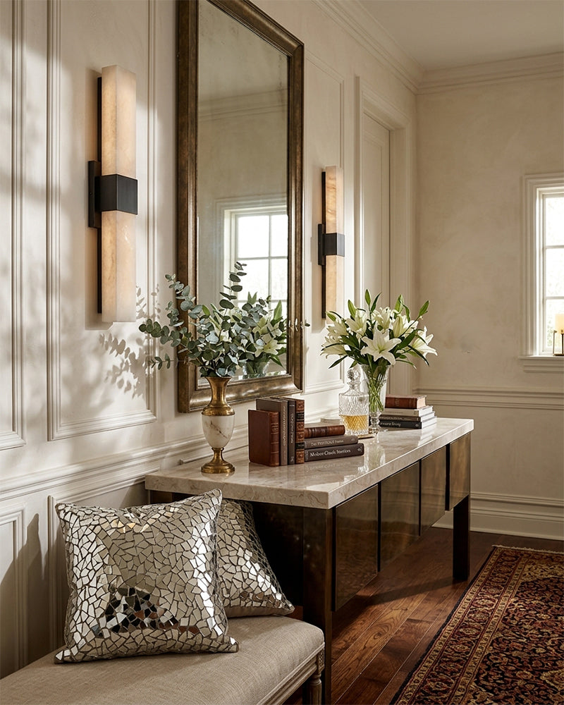 Annecy Alabaster Square Linear Wall Light Sconce - Natural Spanish Alabaster, Heritage Brass Trim - Hallways, Bathrooms & Bedrooms
