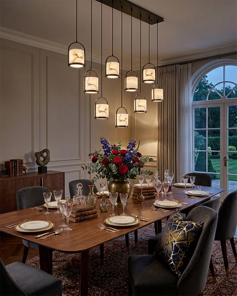 Alabaster Cylinder Arched Lantern Pendant Light - Natural Spanish Alabaster, Serene Black Trim - Kitchens, Dining & Living Rooms