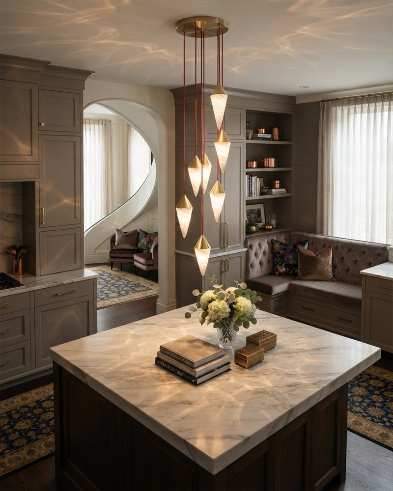 Alabaster Gold Tipped Prism Cluster Pendant Light - Natural Spanish Alabaster, Lux Gold Trim - Lobby, Stairwells & Living Rooms