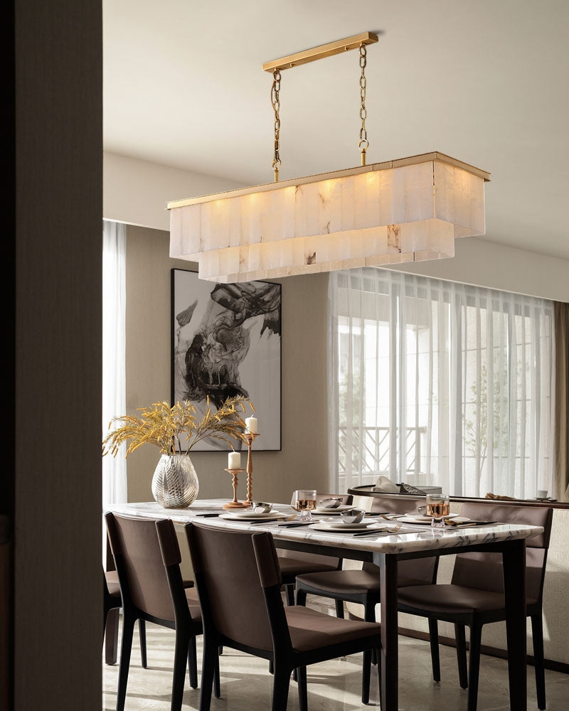 18-light alabaster chandelier above a modern dining table with chairs and elegant decor