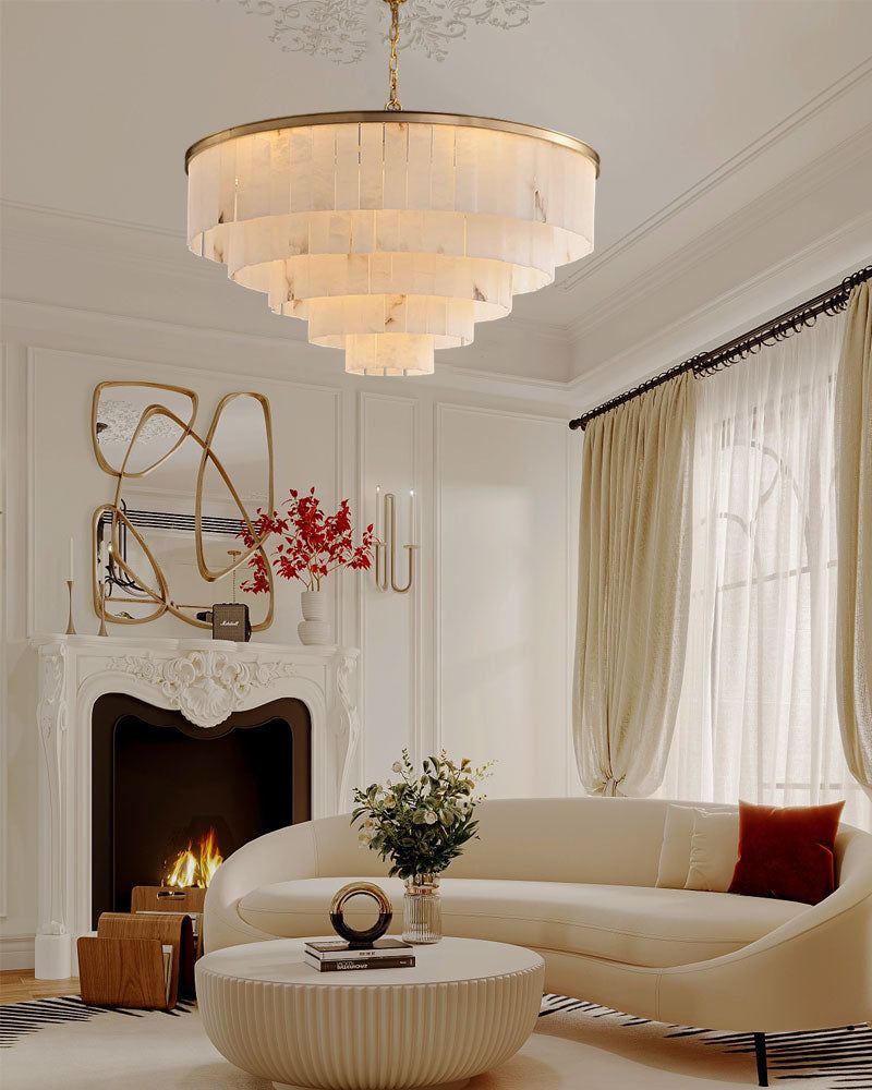 18-light alabaster chandelier illuminating a modern living room with cream sofa