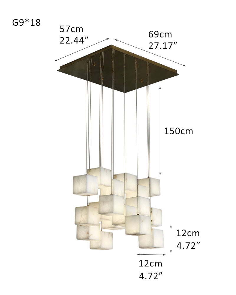 Square white alabaster chandelier with dimensions over modern dining area.