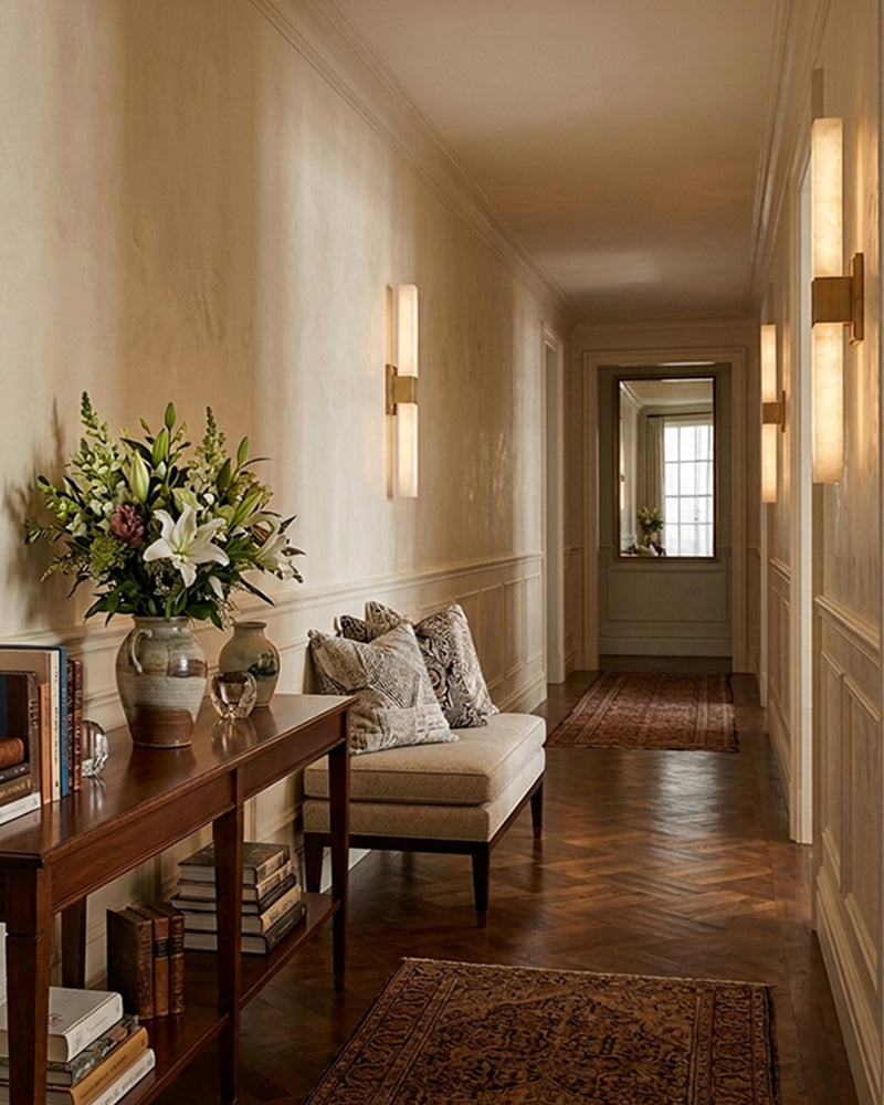 Annecy Alabaster Square Linear Wall Light Sconce - Natural Spanish Alabaster, Heritage Brass Trim - Hallways, Bathrooms & Bedrooms