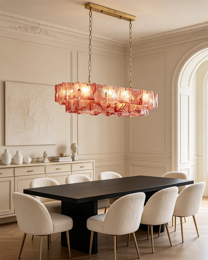 Chiara Murano Glass Contemporary Blush Pink Panel Linear Chandelier - Lux Gold Trim - Kitchen Islands & Dining Rooms