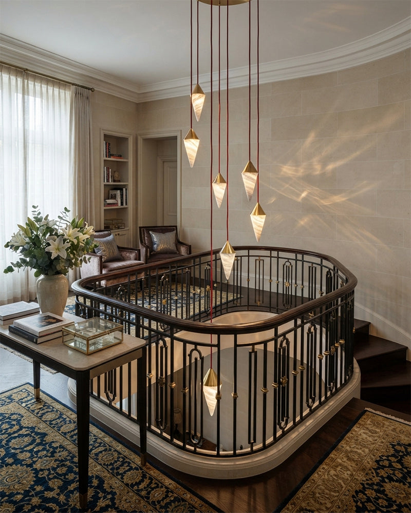 Alabaster Gold Tipped Prism Cluster Pendant Light - Natural Spanish Alabaster, Lux Gold Trim - Lobby, Stairwells & Living Rooms