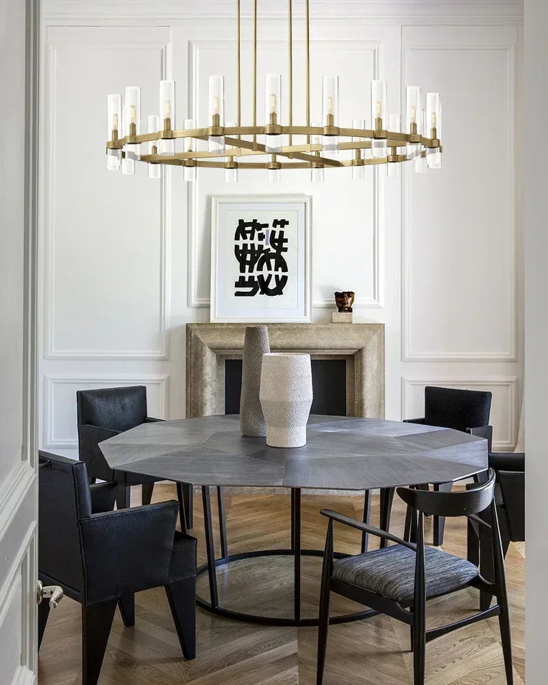 Ravelle Series Geometric Chandelier | Linear Premium hand-blown glass and solid brass construction, Lacquered black brass finish for Dining Rooms and Kitchen Islands American chandelier