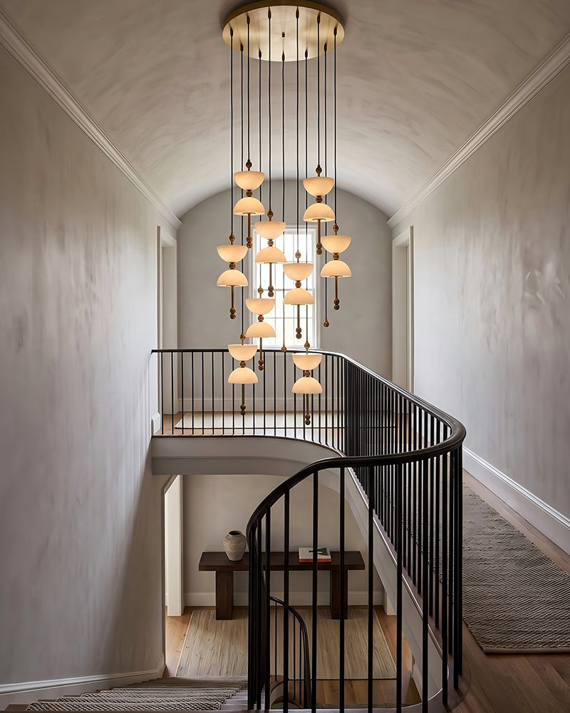 Alabaster Dual Bowl Cluster Pendant Light - Natural Spanish Alabaster Bowls, Serene Black Trim - Kitchens, Dining & Living Rooms