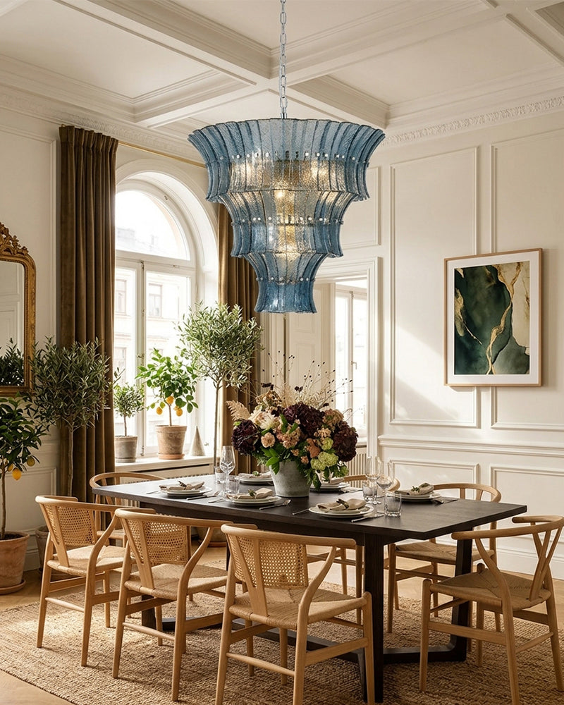 Ghiaccio Glass Atlantic Blue Prism Multi Tiered Waterfall Chandelier - Heritage Brass Trim - Living Room & Dining Room