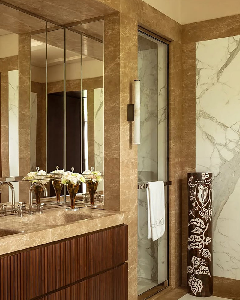 Callisto Linear Strip Long Wall Sconces Brass/Black Metal | Natural Marble Shade