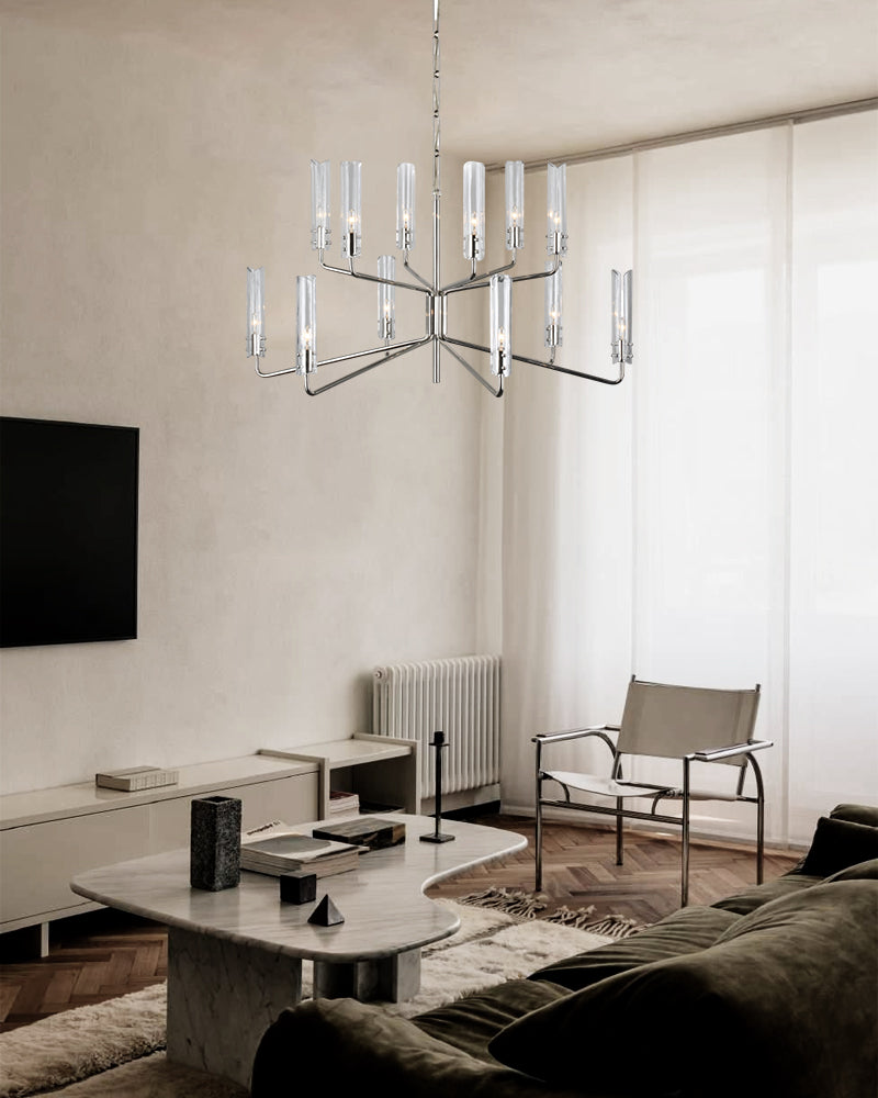 Brushed Chrome Metalwork Chandelier with Textured Slender Clear Glass Cylinders