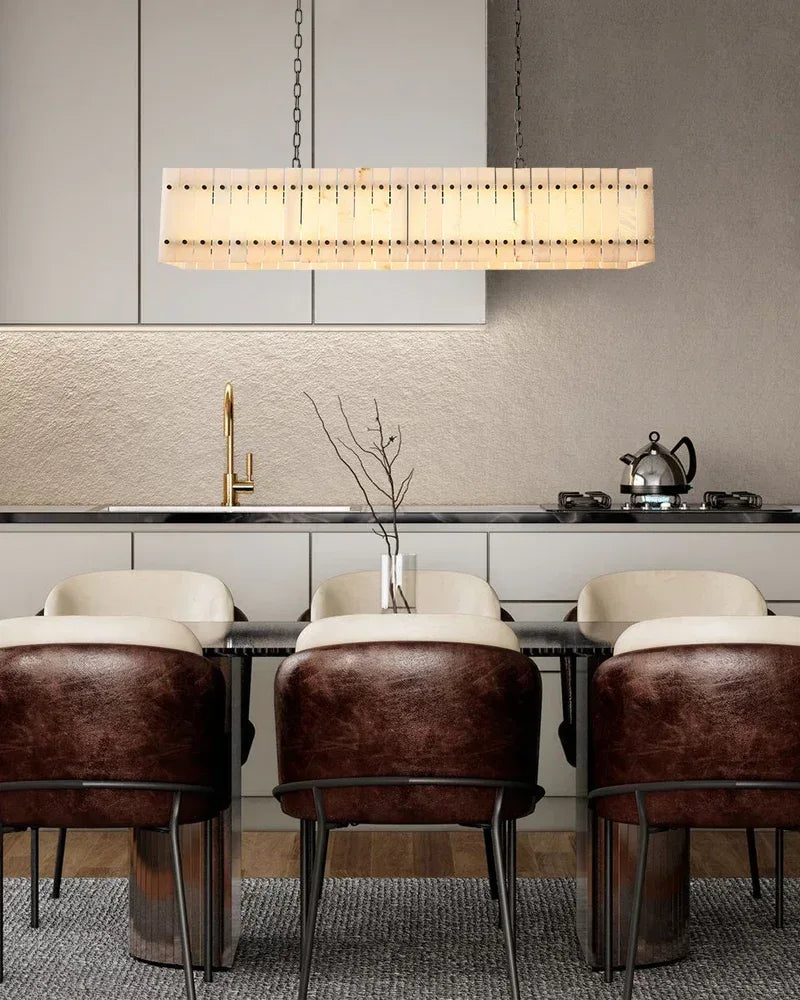 Val d’Isère Series Architectural Chandelier | Linear Tiered Hand-carved alabaster panels and mid-century steel, Mid-century steel finish for Dining rooms, foyers, and offices American Vintage chandelier lamp