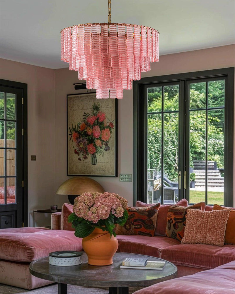 Cassis Fluted Blush Pink Multi Tiered Waterfall Chandelier - Textured Glass, Lux Brass Trim - Dining Rooms, Living Rooms & Bedrooms