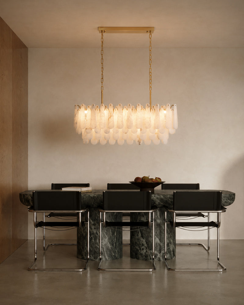 Alabaster Organic Petal Oval Ring Linear Chandelier - Natural Spanish Alabaster, Lux Gold Trim - Kitchen Islands & Dining Rooms