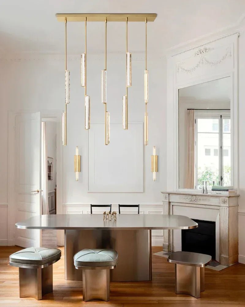 Valence Series Architectural Linear Chandelier | Triple Bar Prism Meticulously crafted clear prisms with vertical brass drops, Lacquered Burnished Brass and Black for Dining Rooms and Kitchen Islands American chandelier