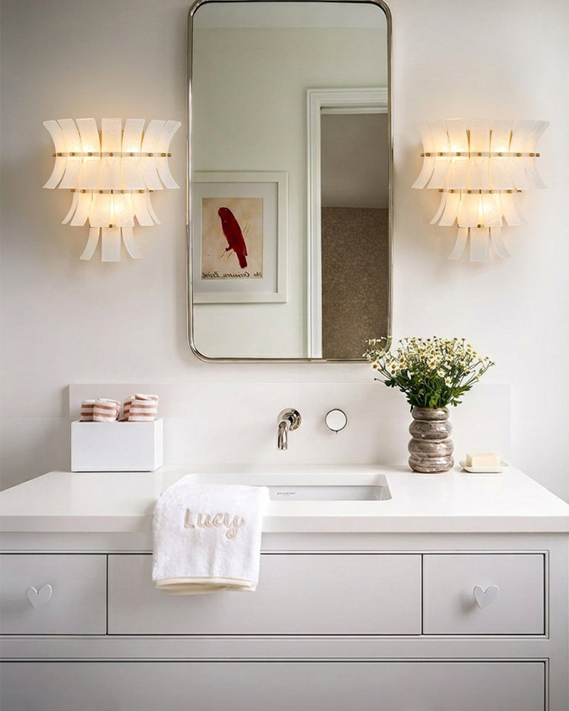 Ghiaccio Glass Ethereal White Multi Tiered Waterfall Wall Light Sconce - Lux Gold Trim - Bedrooms, Hallways & Bathrooms