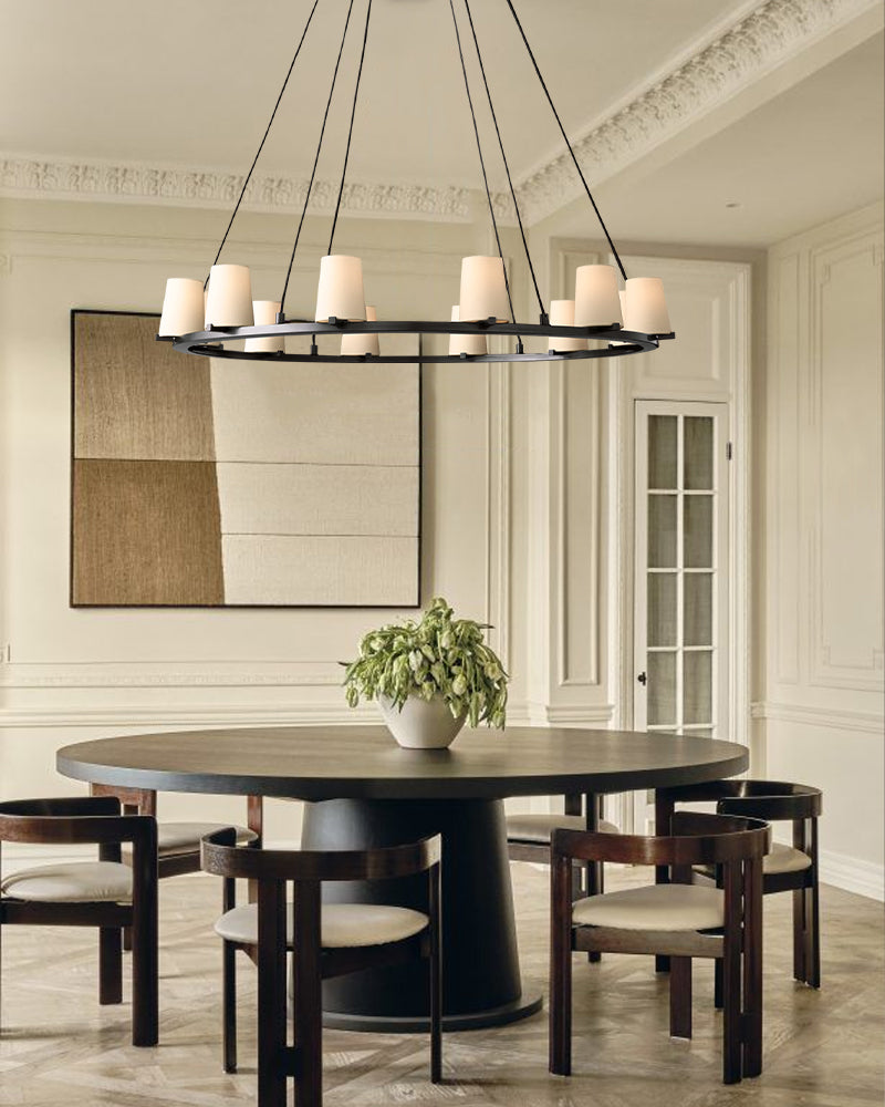 Pauillac Frabic Shade Round Chandelier 36" 48" 60" Lacquered Burnished Brass/Black American chandelier
