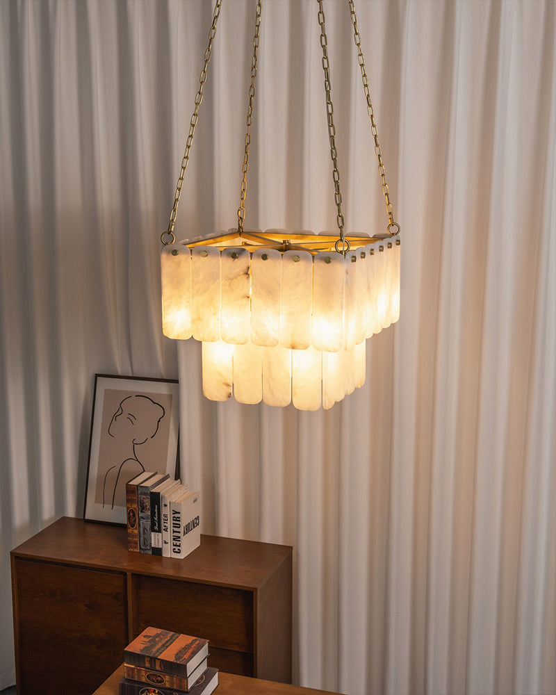 LightsStory Alabaster Square Multi-Tiered Pendant Light, natural stone alabaster with metallic and matte finish - For Kitchen & Dining Rooms