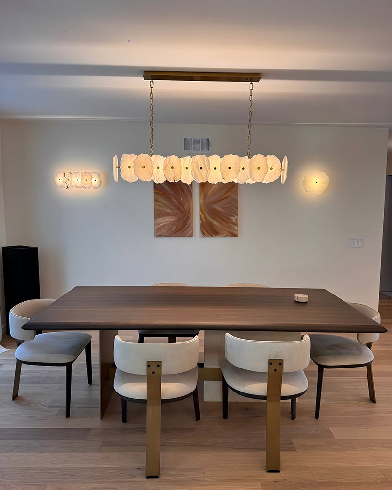 Alabaster Organic Geometric Cloud Linear Chandelier  - Natural Spanish Alabaster, Lux Gold Trim - Kitchen Islands & Dining Rooms