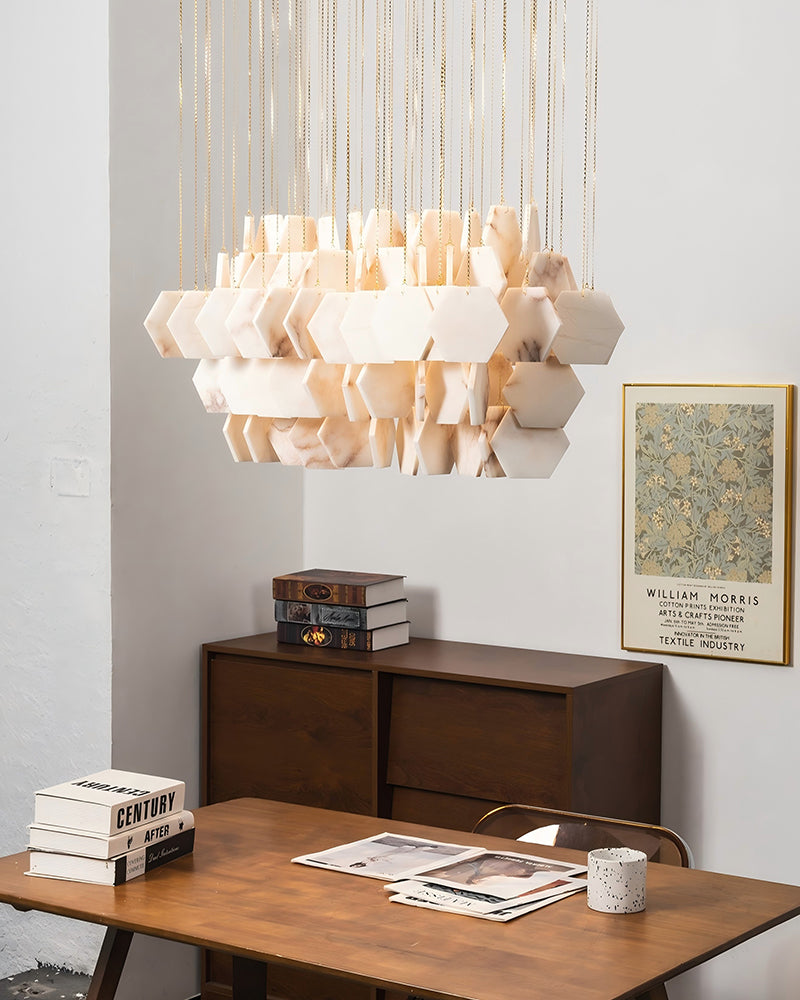 Cassis Alabaster Multi Tiered Cascading Cloud Chandelier - Natural Spanish Alabaster, Lux Gold Trim - Living Rooms, Dining Rooms, Lobby, Stairwells