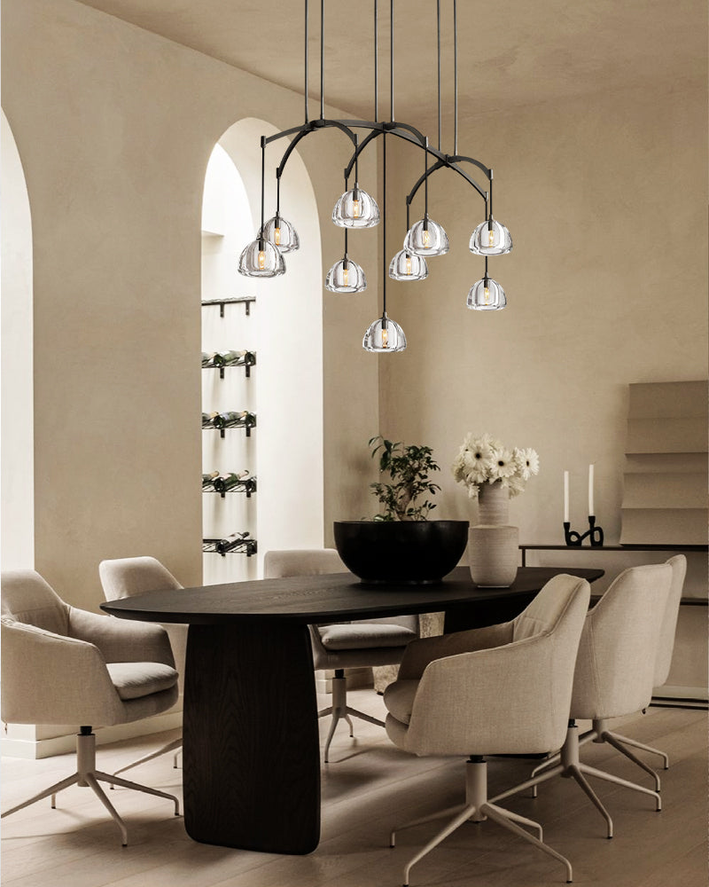 Dimple Crystal Glass Globe Rainfall Linear Hemisphere Black Chandelier for Dining Table
