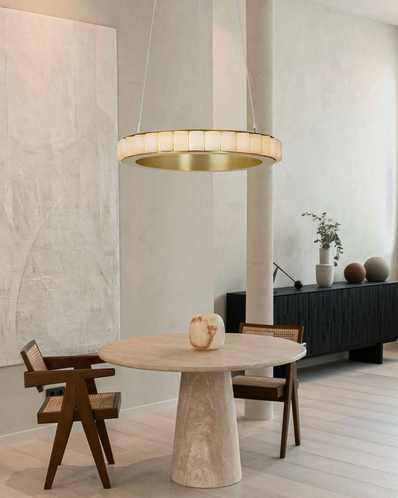 Triple Ring Alabaster Long Cord Chandelier Wide 22" 33" 49" | Brush Black/Gold Frame