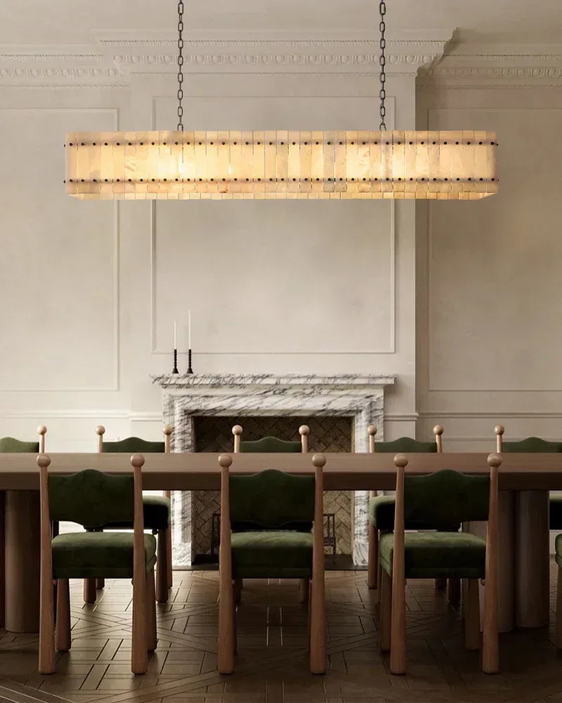 Val d’Isère Series Architectural Chandelier | Linear Tiered Hand-carved alabaster panels and mid-century steel, Mid-century steel finish for Dining rooms, foyers, and offices American Vintage chandelier lamp