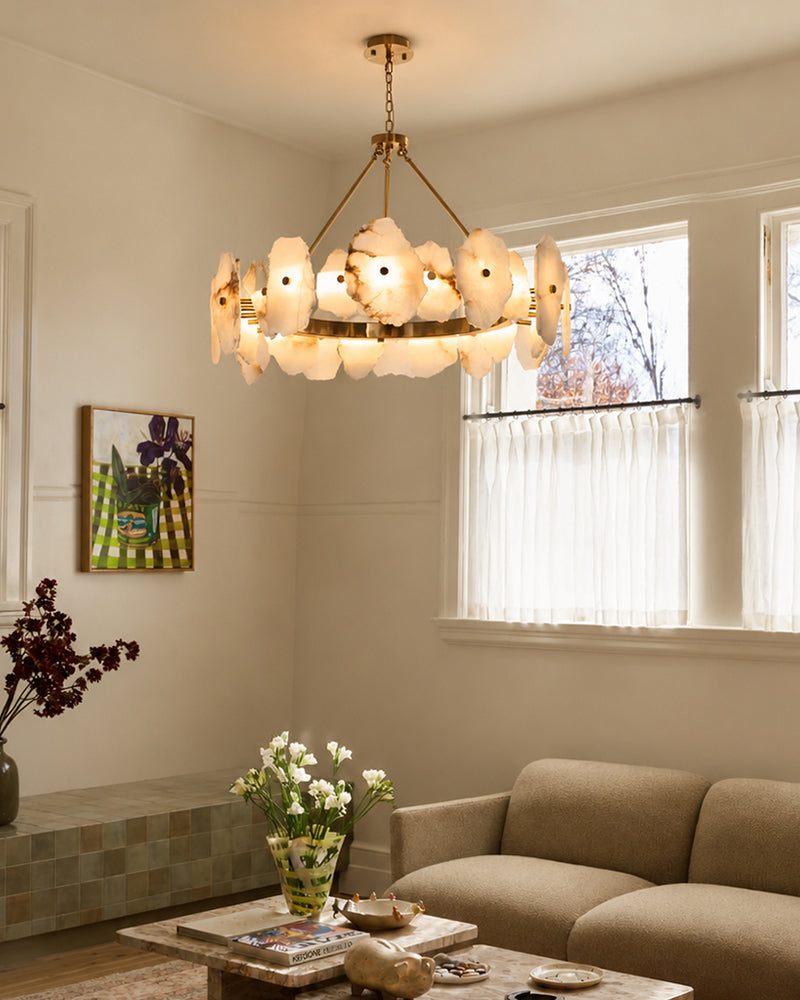 Alabaster Organic Shard Halo Ring Chandelier - Natural Spanish Alabaster, Lux Gold Trim - Living Rooms, Bedrooms, Dining Rooms
