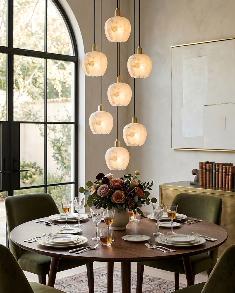 Alabaster Flower Cluster Pendant Light - Natural Spanish Alabaster, Bespoke Gold Trim - Artistic Statement Lighting