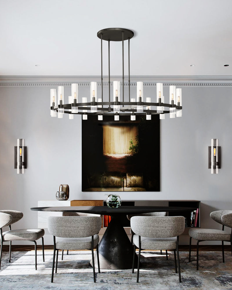 Lacquered Black/Brass Metalwork Linear Ravelle Clear Glass Chandelier Wide 54" 69" for dining room table