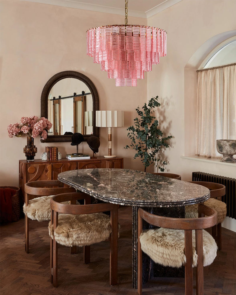 Cassis Fluted Blush Pink Multi Tiered Waterfall Chandelier - Textured Glass, Lux Brass Trim - Dining Rooms, Living Rooms & Bedrooms