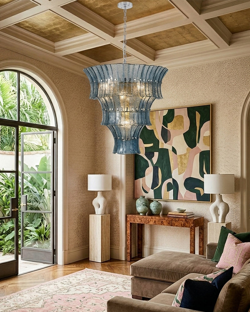 Ghiaccio Glass Atlantic Blue Prism Multi Tiered Waterfall Chandelier - Heritage Brass Trim - Living Room & Dining Room