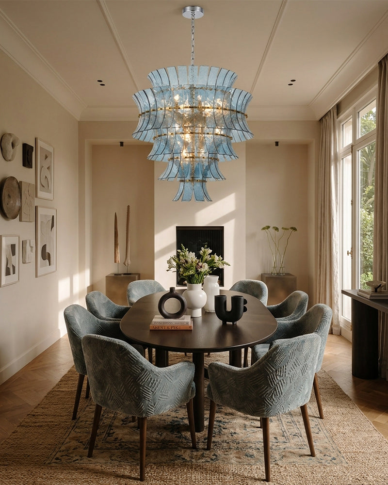 Ghiaccio Glass Azure Blue Cascade Multi Tiered Waterfall Chandelier - Heritage Brass Trim - Living Room & Dining Room