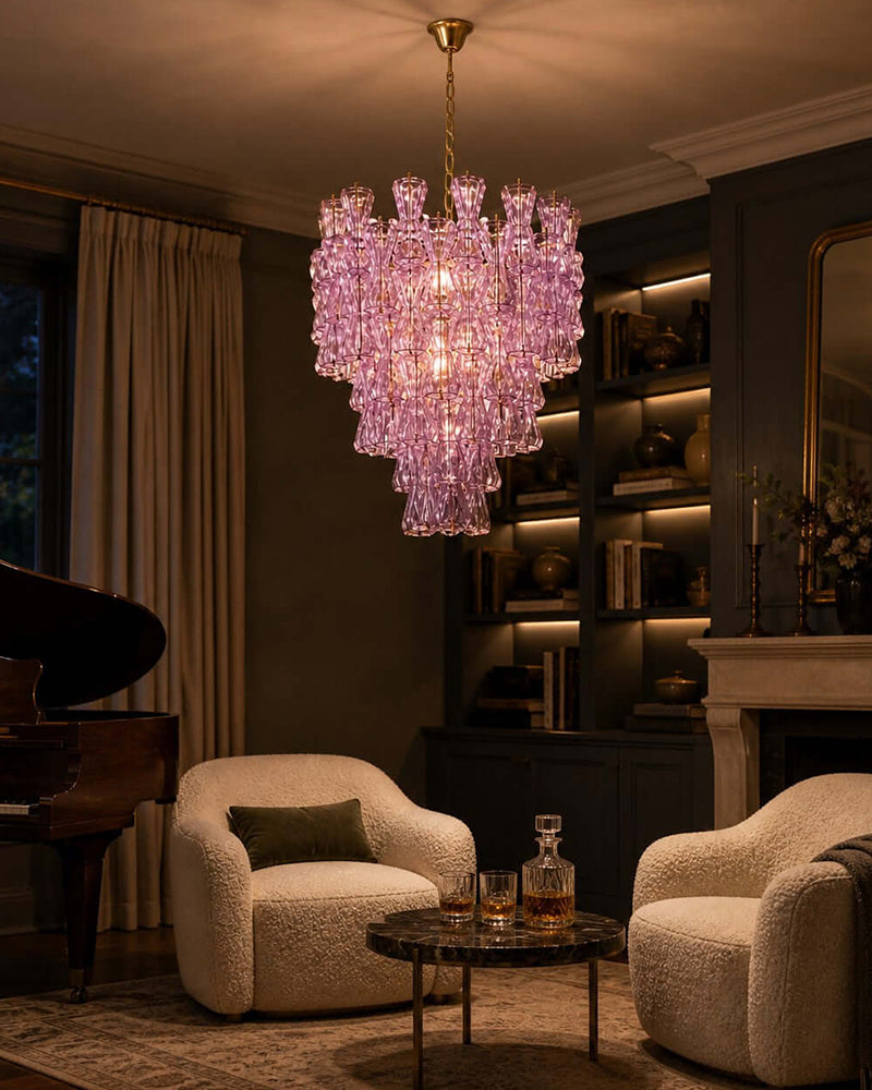 Murano Glass Cascade Tiered Chandelier - Amber & Clear & Green Glass