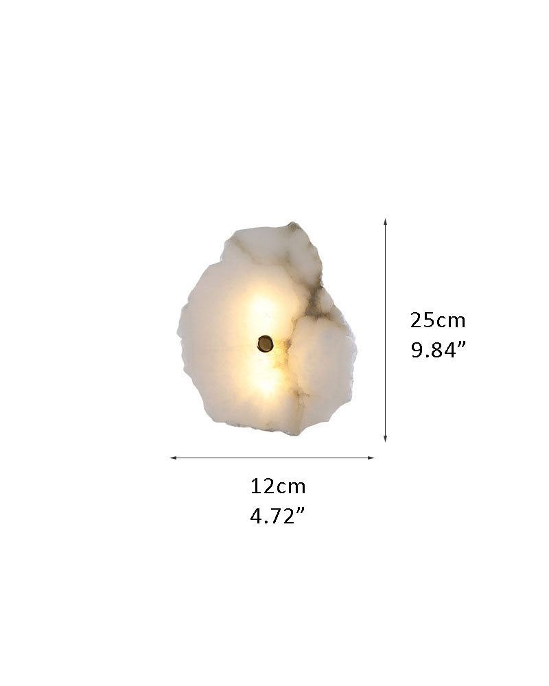Alabaster wall light fixture with measurements and soft LED glow
