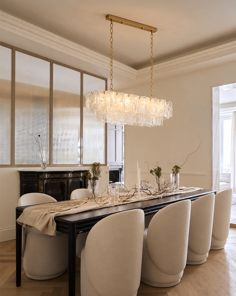 Chiara Murano Glass Contemporary Ethereal White Linear Chandelier - Lux Gold Trim - Kitchen Islands & Dining Rooms