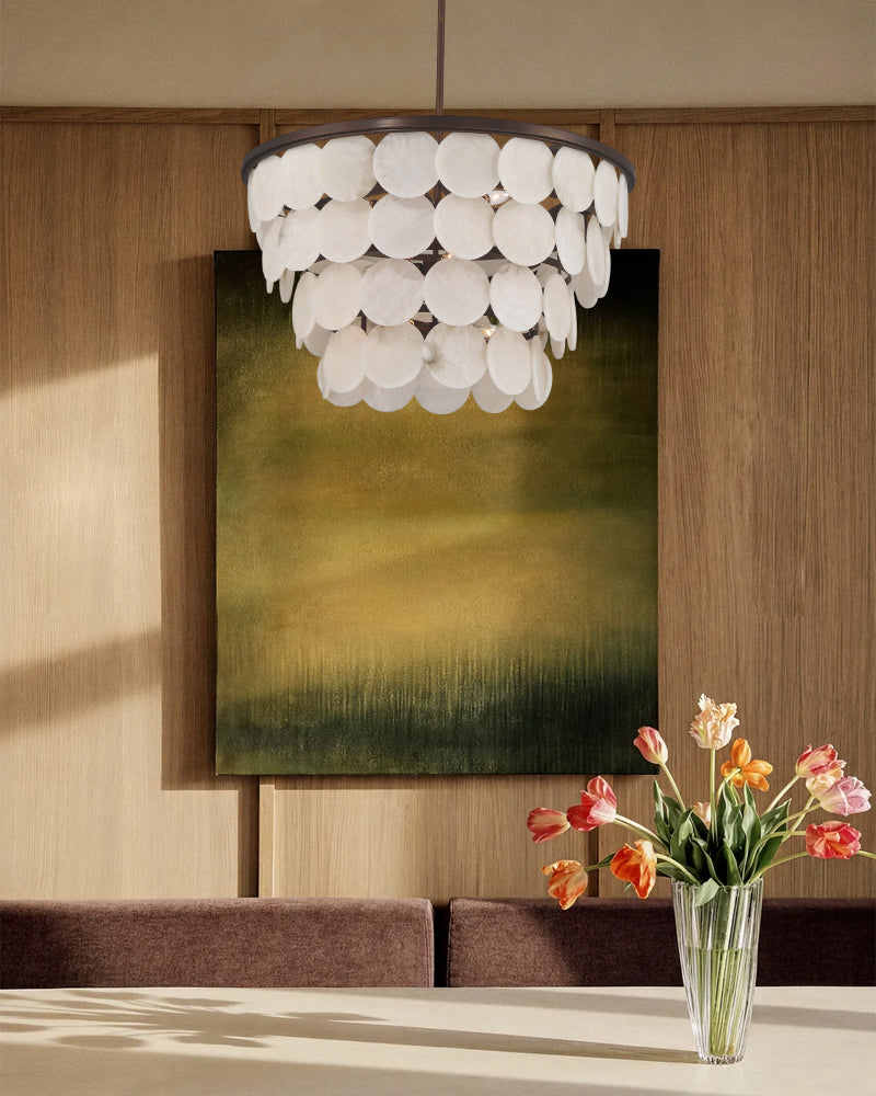 Alabaster Concentric Ring Disc Four Tier Ceiling Light - Semi Flush Mount, Heritage Brass Trim - Dining Rooms & Living Rooms