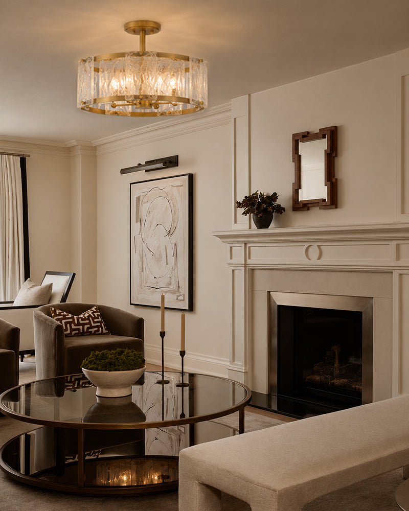Solstice Ghiaccio Glass Drum Ceiling Light - Semi Flush Mount, Lux Gold Trim - Hallways, Foyers, Dining Rooms & Living Rooms
