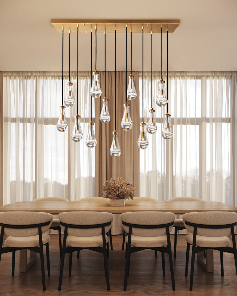 Aged Brass Floating Raindrop Hand Blown Crystal Linear Cluster Chandelier Wide 54"