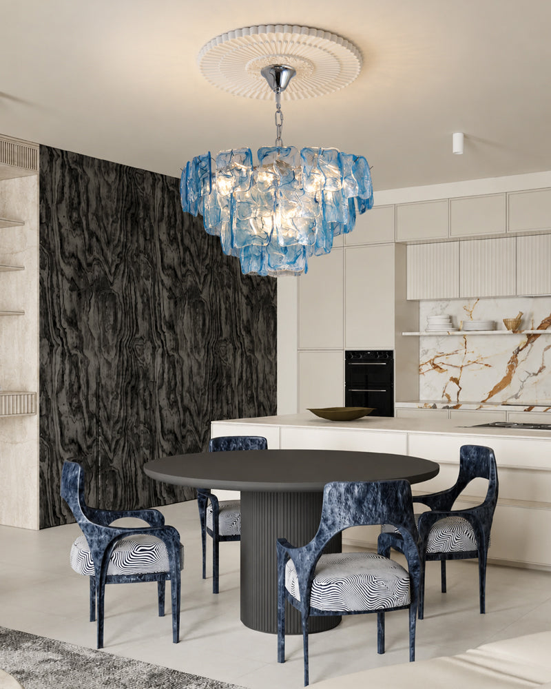 Murano Glass Azure Blue Circular Prism Multi Tiered Waterfall Chandelier - Handblown Glass, Brass Trim - Living Rooms, Dining Rooms & Bedrooms