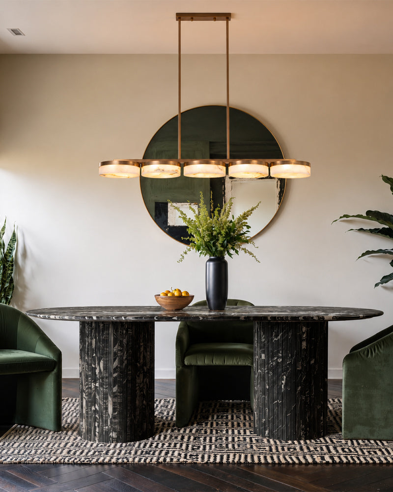 Alabaster Multi Disc Cluster Linear Pendant Light - Natural Spanish Alabaster, Lux Gold Trim - Kitchen Islands & Dining Rooms
