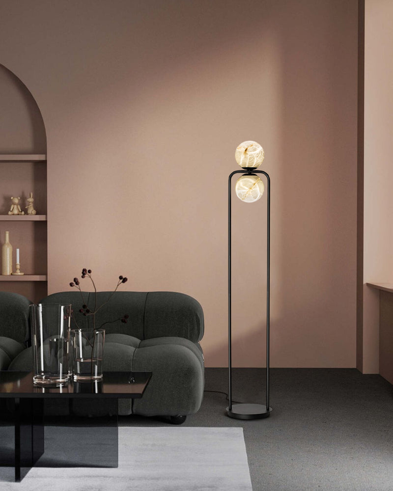 Modern Bedside Indoor Lighting Single Alabaster Globe LED Desk Table Lamp Black Iron Textured