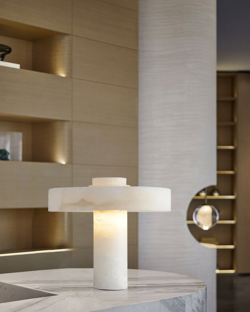 E27 round alabaster marble table lamp on a stylish surface