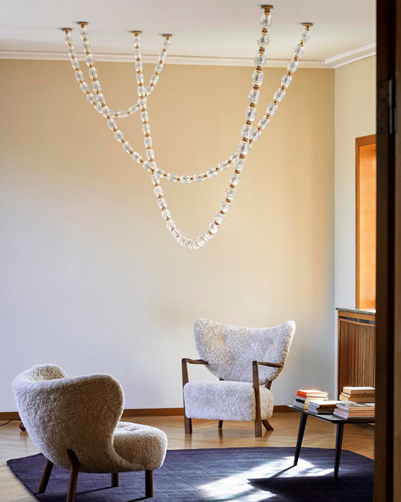 Clairval Glass Bead Rope Hanging Pendant Light - Clear Glass, Lux gold Trim - Lobby, Living Rooms & High Ceilings