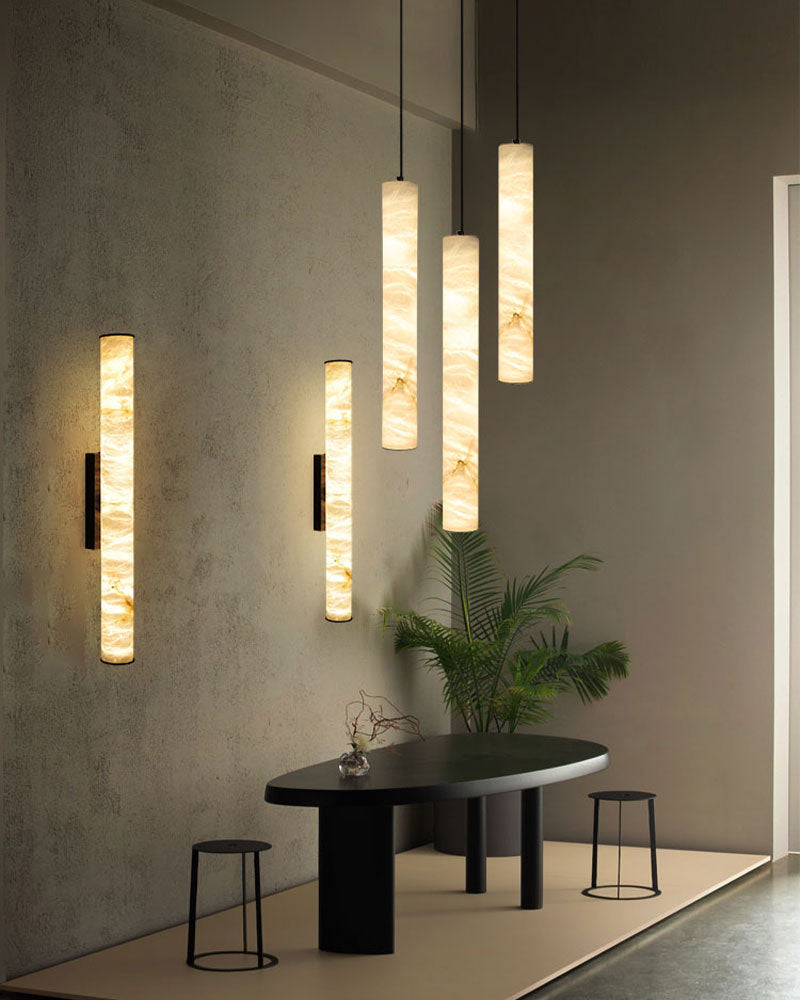 Tubular Bells Alabaster Cylinders LED Pendant Lamp in horizonal & vertical