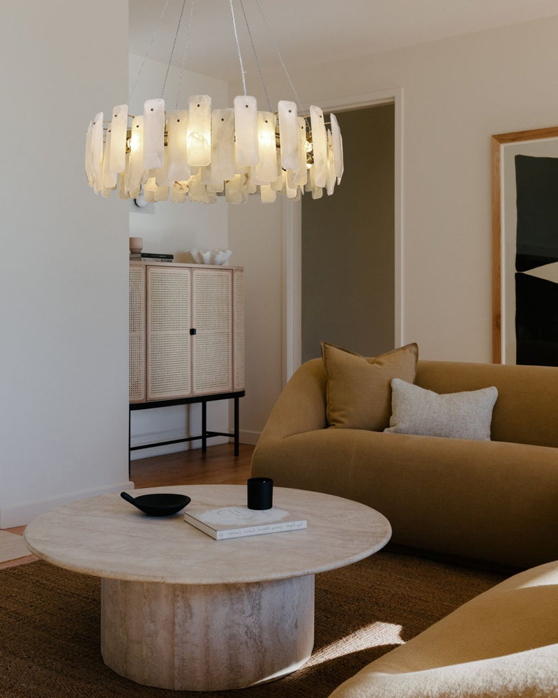 Modern Round Alabaster Living Room Chandelier in Brass/Black Frame Wide 20" 32" 48" 60"