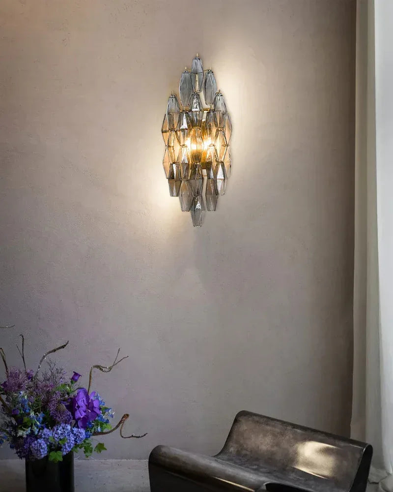 LightsStory Series Refractive Wall Sconce | Tiered Handblown Glass Handblown glass polyhedrons on a durable steel frame, Smoked finish for Modern living spaces and hallways American Vintage chandelier lamp