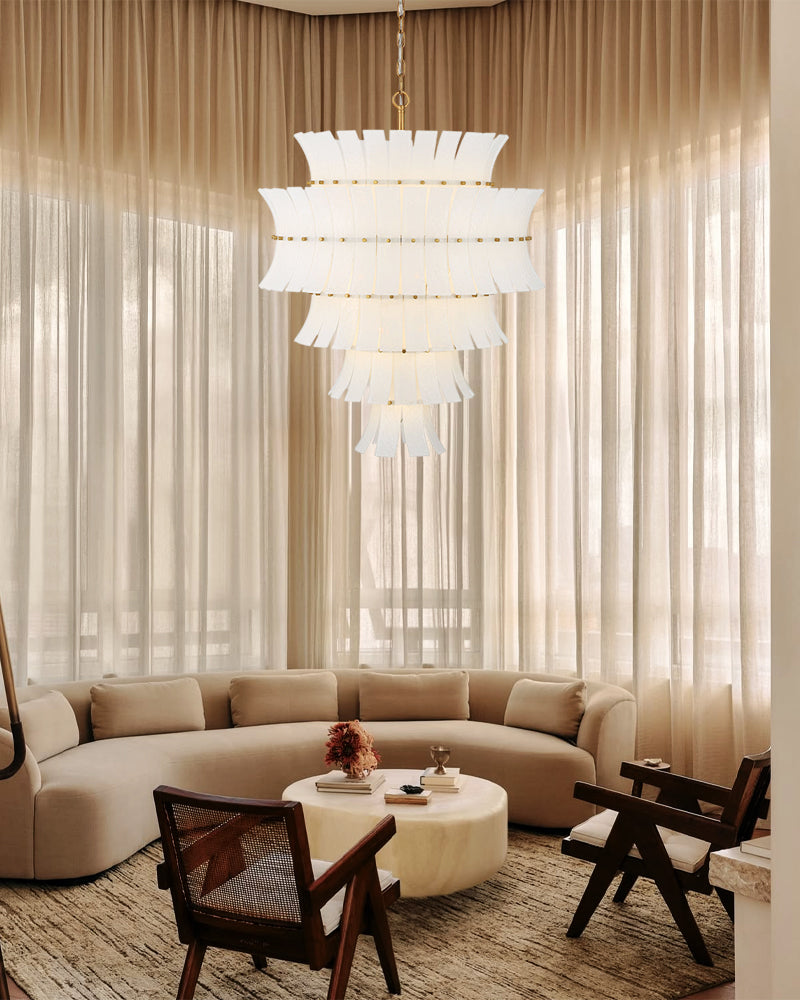 Ghiaccio Glass Ethereal White Multi Tiered Waterfall Chandelier - Heritage Brass Trim - Living Room & Dining Room