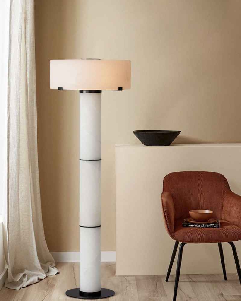 Ascot Series Prismatic Floor Lamp | Monolithic Alabaster Column Carved Natural Alabaster and Polished Nickel Steel, Polished Nickel finish for Grand entryways, dining rooms, and contemporary living spaces Modern Art Design Floor Lamp