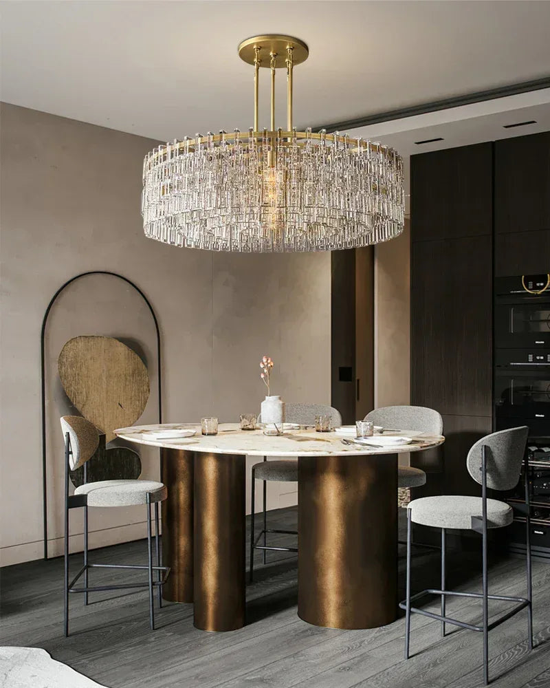 LightsStory Series Prismatic Chandelier | Linear Rectangular Hand-set Prismatic Crystals and Interlocking Steel, Dual-Tone Satin Gold and Matte Black for Entryways, Dining Areas, and Bedrooms American chandelier